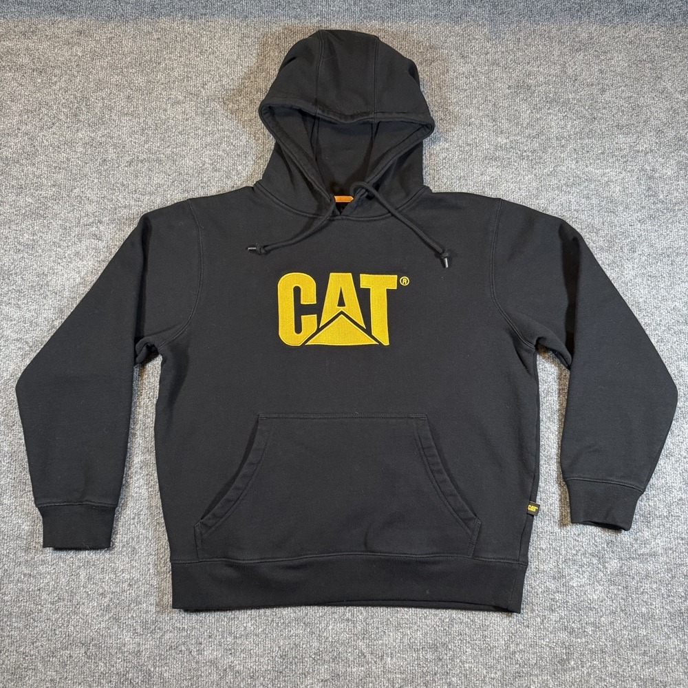 Caterpillar Hoodie Mens M Black Pullover Yellow Logo Workwear Construction CAT